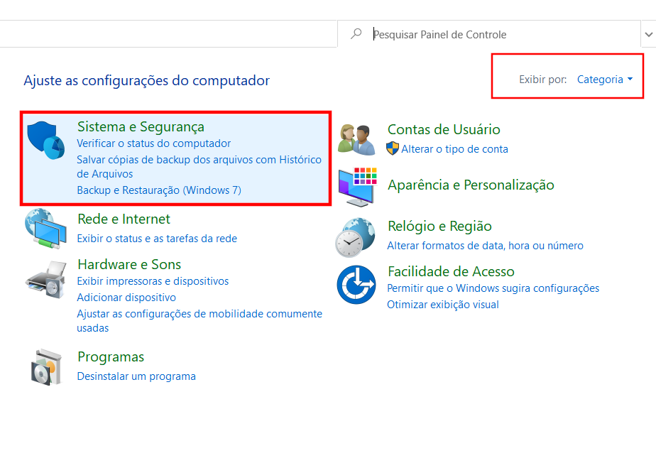 Navegando até Sistema e Segurança