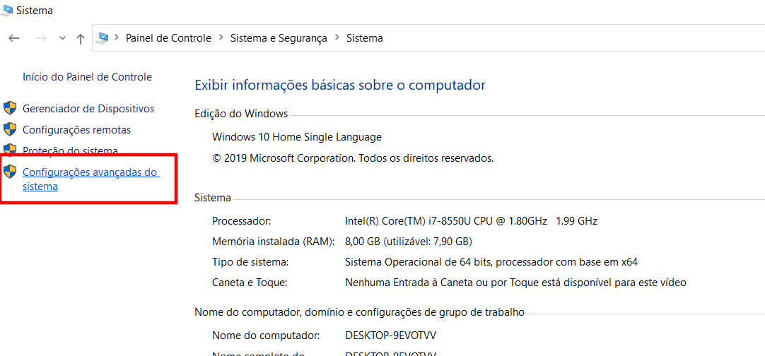Navegando até Configurações Avançadas do Sistema
