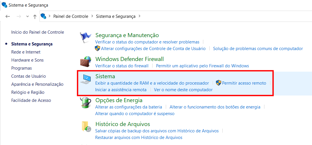 Navegando até Sistema no Windows 10