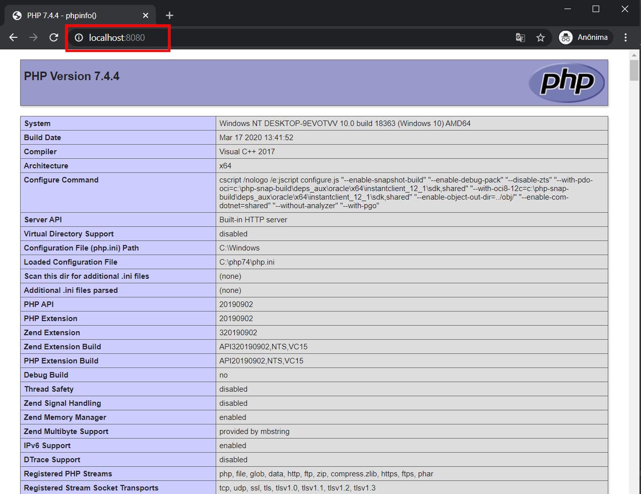 Testando o PHP com phpinfo()