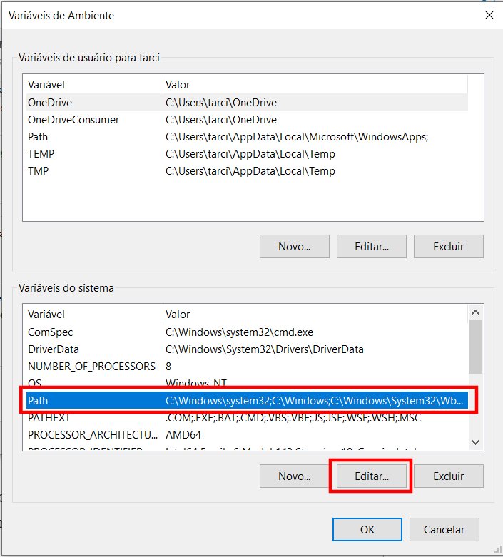Editando Variáveis de Ambiente do Windows 10 - Passo 2