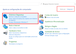 Navegando até Sistema e Segurança